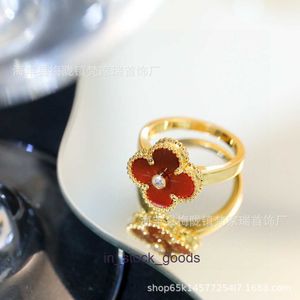 Vancleff high -end sieradenringen voor dames gouden klaverring natuurlijke witte fritillaria persoonlijkheid gelukkige bloemenring agaat met diamantring vinger origineel 1: 1 logo