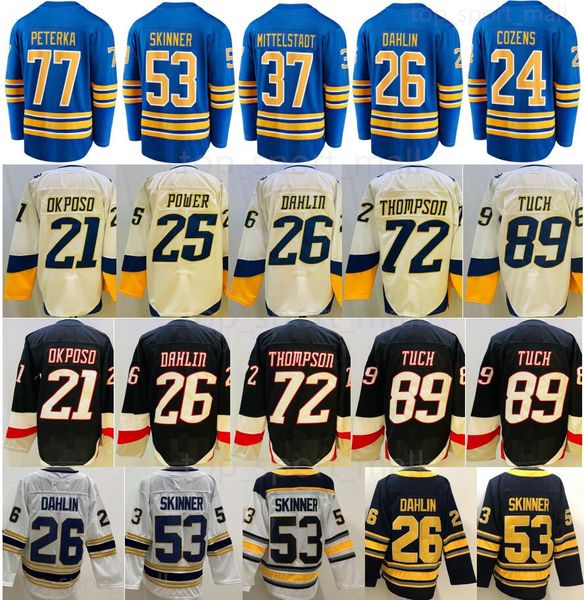 Hockey sur glace 53 Jeff Skinner Jerseys 26 Rasmus Dahlin Casey Mittelstadt Tage Thompson Alex Tuch JJ Peterka Dylan Cozens Kyle Okposo Luukkonen Royal Black Hommes alternatifs