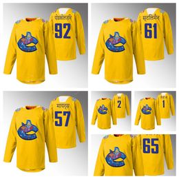 VancouverX Canucksr Diwali Night Jazzy B # 1 Warmup Riley Stillman Jersey Jaune # 61 Tyler Myers Jersey Jaune # 57