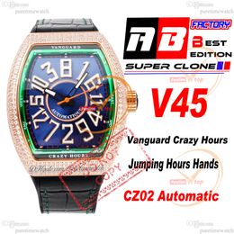 Vanguard Crazy Hours CZ02 Automatic Mens Watch Rose Gold Diamonds Case Green Blue Calle 3D Blanc Numéro Marqueurs Gummy Strap Super Ediiton Puretime Reloj Hombre Ptfm