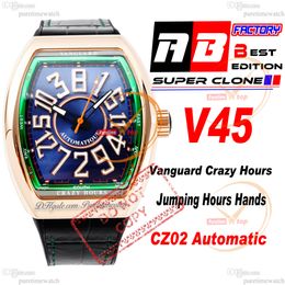 Vanguard Crazy Hours CZ02 Automatic Mens Watch Rose Gold Green Green Inner Blue Calle 3D Numéro blanc Strap gomme