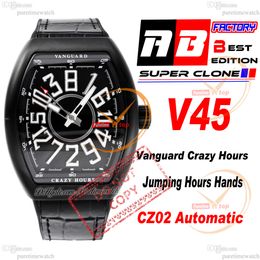 Vanguard Crazy Hours CZ02 Automatic Mens Watch DLC PVD Steel Noir Dial 3D Blanc Numéro Marqueurs Gomme Gomme