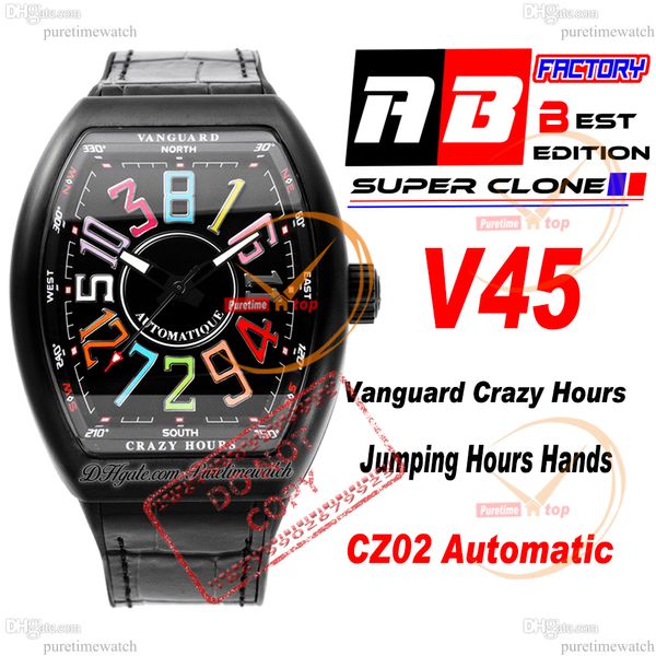 Vanguard Crazy Hours CZ02 Automatic Mens Watch DLC PVD Steel Black Dial 3D Couleurs Numéro Marqueurs Gummy Strap Super Ediiton Puretime Reloj Hombre Montre Homme Ptfm