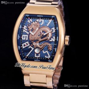 Vanguard V45 3D Silver Dragon King Automatique Montre Homme Or Rose Cadran Bleu Grand Marqueurs Blancs Bracelet Acier Inoxydable Montres 5 Styles Puretime E242c3