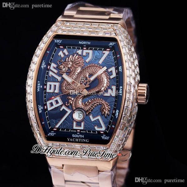 Vanguard V45 3D Silver Dragon King Montre automatique pour homme Baguette en or rose Lunette en diamant Cadran bleu Grand marqueur blanc Bracelet en acier inoxydable Montres Puretime E242i9