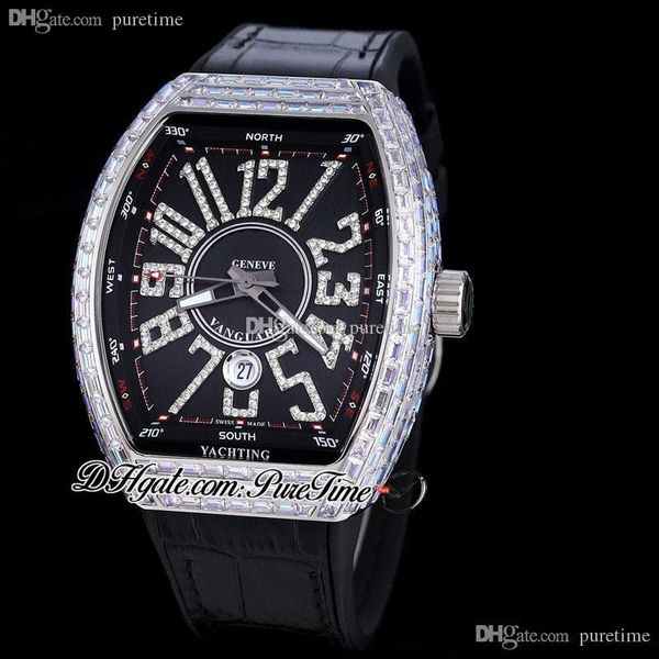 Vanguard V45 Miyota 8215 Reloj automático para hombre Baguette Diamantes Bisel Esfera negra Número grande Marcadores de diamantes Correa gomosa Iced Out Joyas Relojes Puretime E244a1