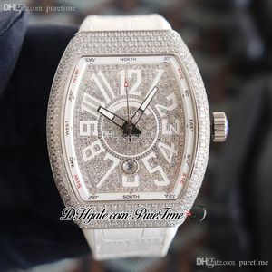 Vanguard V45 SC DT A21j Montre automatique pour homme Pavée de diamants Cadran en diamant Grands marqueurs en cuir blanc Bracelet en caoutchouc Bijoux Montres Puretime F21C3