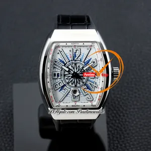 Vanguard Yachting V45 Automatic Mens Watch Arear Case White Diading Arabe Arabe Markers Black Rubber Cuir en cuir gomme