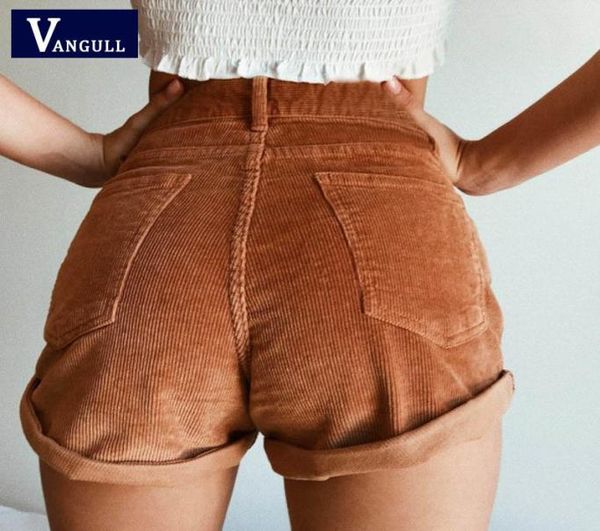 Vangull Pantalones cortos elásticos de pana de cintura alta Nuevas mujeres Pantalones cortos casuales de calle Pantalones cortos sueltos de verano con botones y cremallera Q19046010849