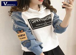 Vangull Harajuku Sweat-shirt Femme Lettre imprimé Patch Femmes Hoodies Automne Nouveau Trou Long Spille Splice Pullovers 2010073972136