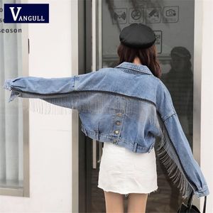 Vangull Vrouwen Bat Mouw Tassel Korte Losse Burr Denim Jas Vrouwelijke Mode Oversize Uitloper Herfst Streetwear Jean Coat LJ201021