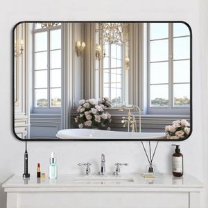 Miroirs de courtoisie 24x36 pouces Grand miroir de maquillage mural sur évier pour chambre à coucher, salon/salle à manger, miroirs suspendus rectangulaires modernes avec cadre noir de la maison