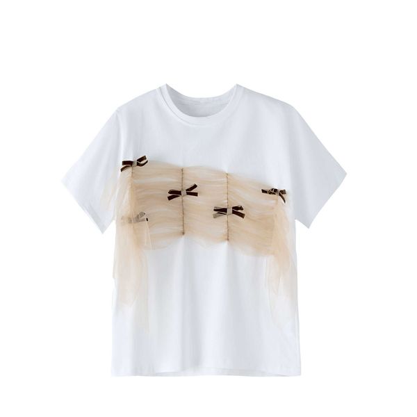 VANOVICH Design de verão coreano solto com costura superior plissada fio de malha fashion laço casual camiseta manga curta menina 210615