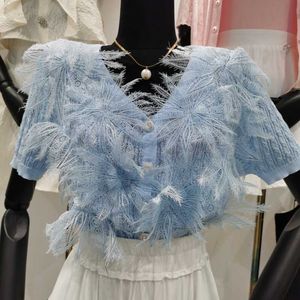 VANOVICH Summer Knit Cardigan Style coréen Col V-Col Dentelle Sweet Manches courtes Mode Femmes Vêtements 210615