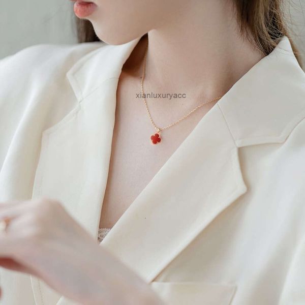 Collier de luxe Van Clover pour femmes, maille en argent sterling 925, plaqué rouge réversible, niche en or rose 18 carats, chaîne de collier de luxe