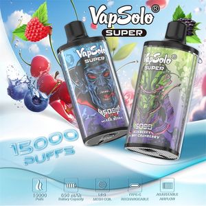 Vap Solo Super 15000 Puff OEM Vaporizer 15k Mesh Coil Fruit Flavors 20mg Nicotine Shisha Vape E Zigarette Puff Affichage rechargeable Iget Vape