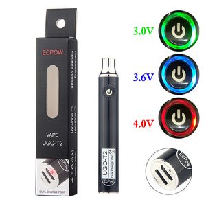 UGO T2 VAPE BATTERIJ 650 MAH 900 MAH DUAL OLLER PORT VAPE PENS BATTERIJ PREWERING VARIABELE Voltage 510 Draad Vape Pennen Fit voor 510 karren