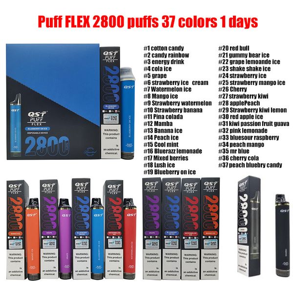 Vape Puff desechable Cigarrillos electrónicos Puff Flex 2800 Puffs QST 850 Mah Dispositivo de batería Vape Pen con código de seguridad 8 ml desechable EE. UU. UE almacén 37 colores