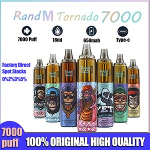 Vape-pen RandM Tornado 7000 trekjes Wegwerp-e-sigaretten Pod Mesh veelkleurige spoel Verstelbare luchtstroom 0% 2% 3% 5% Batterij Oplaadbare vaporizer Vape