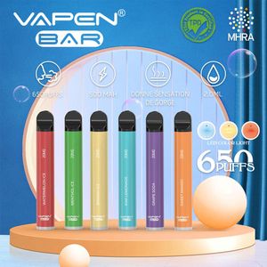 VAPEN BAR Vape jetables cigarettes électroniques jetables 650Puffs 2.0ml Capacité 20mg 2% NIC 500mAh Batterie Cigs Vaporisateur Vapeur pré-remplie avec TPD Cerficated