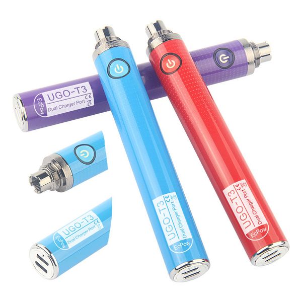 Authentiques EGO Batteries 1300mAH UGO T3 510 Fil Vape Pen Préchauffer Tension Variable Double Chargeur Port Passthrough Ecig Pour Cartouches Vapes Huile Épaisse