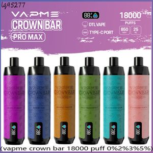 VapMe Crown Bar 18000 Puff E Cigarette 12 couleurs 18K Puffes Mesh Bobine Derniable Vape Pen 850mAh Batterie rechargeable Débit d'air réglable de 25 ml de gousses préfabriquées