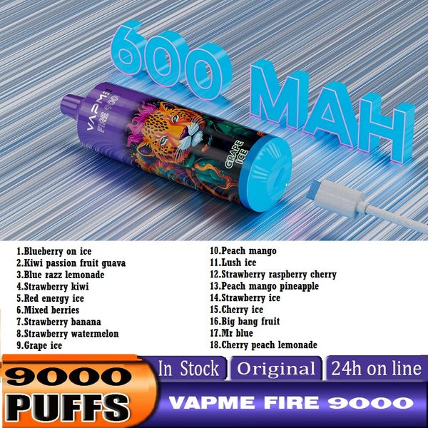 VAPME Fire 9000 Puffs Vape jetables Pods E Cigarette 0/2/3/5% Nic avec batterie rechargeable 850mAh Bobine de maille 15ml Barre de dosettes préremplie PK Randm bang Elfworld