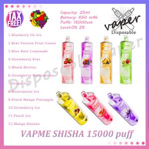 Vapme Shisha 15000 Puff Vape Pen desechable Cigarrillo electrónico Bobina de malla de 0,6 ohmios 25 ml Pod precargado 650 mAh Batería recargable 0% 2% Evaporador 15k Puffs 12 sabores En stock