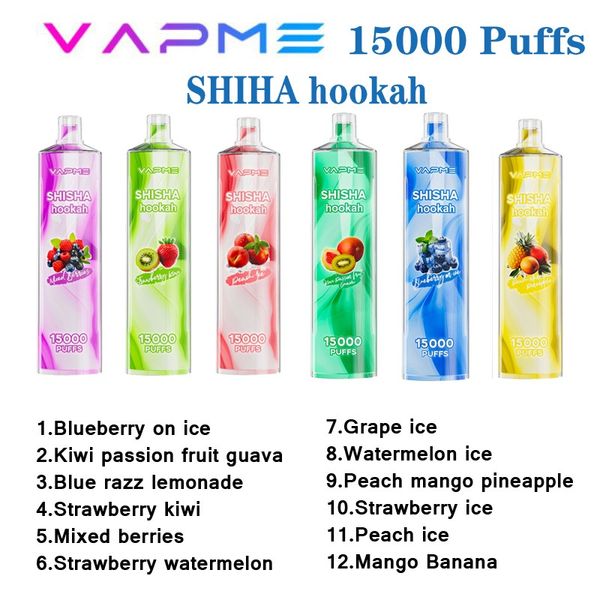 VAPME SHISHA Narguilé 15000 Puffs 15k Vape Jetable 650mAh Batterie Rechargeable 25ml Pod Prérempli 12 Saveurs E Cigarettes