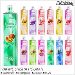 VAPME Shisha Waterpijp 15000 Rookwolken Wegwerpvape-pen 15k Rookwolken Oplaadbare E-sigaretten Vaporizers 25 ml Voorgevulde pod 12 kleuren 0% 2% Vaper