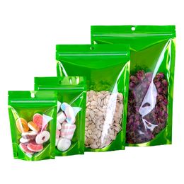 Bolsas de embalaje de alimentos secos verdes con cierre de cremallera de varios tamaños, transparentes en la parte delantera y con agujero para colgar, bolsa de embalaje de té y café que se puede volver a sellar