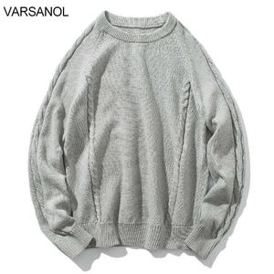 Varsanol suéter gris hombres 100% algodón tejido vintage suéter casual para hombre invierno jerseys tops de gran tamaño pull homme abrigos 3xl 210601