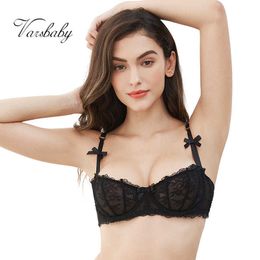 Varsbaby Ladies Ultra-dunne bloemen transparant ondergoed Lace Bow Half Cup Bras 210623