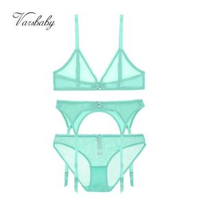 Varsbaby Hellgrünes, weiches Mesh-Dessous-Set, sexy Garn, transparent, tiefer V-Draht, nahtlos, bequem, BH, Höschen, Strumpfband, Q0705256s