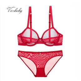 Varsbaby sexy gran rojo transparente conjunto de lencería de hilo rhinestone arco sujetador transparente y panty conjunto Y200708