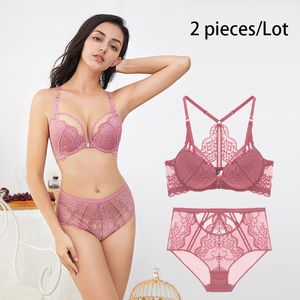 Varsbaby Sexy fermeture avant en dentelle florale push up sous-vêtements bretelles Y-line profonde V 3/4 tasse soutien-gorge et culotte taille haute ensemble LJ201031