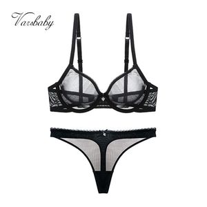 Varsbaby Sexy Kant Ongerichte Ondergoed Set Solid Transparante Drie Kwartieren Garen Thong Plus Size Bra Set 211104