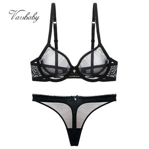 Varsbaby Sexy dentelle sous-vêtements sans doublure ensemble solide Transparent trois quarts fil string grande taille soutien-gorge ensemble 220513