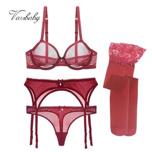 Varsbaby Sexy Ultra-Thin Transparent Yarn Lingerie Set Bras + Garters + Thongs + Kousen 4 Stks voor Jonge Vrouwen 211104