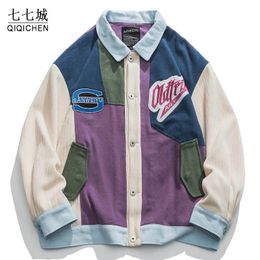 Chaqueta Bomber universitaria para hombre, abrigo de béisbol de retales japonés Vintage, bordado de letras Unisex, chaquetas sueltas de otoño, bloque de Color 240222