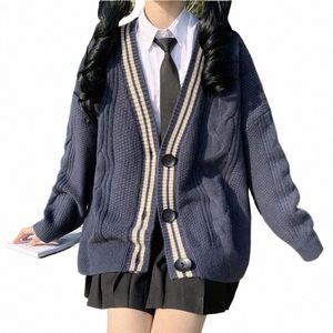 Pull Cardigan à rayures universitaires pour femmes Lg manches bout à bout tricoté humble Cardigan lycée Style Preppy tenue e9K7 #