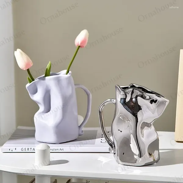 Vases 1 PC Creative Table à manger Vase plissé sac en papier décoration de la maison salon bijoux en céramique Pâques Blumen