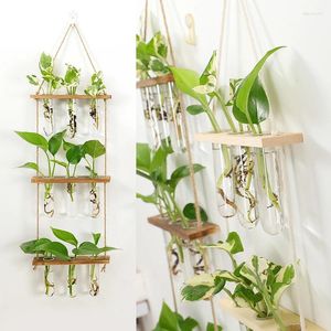 Vazen 1 Set Hydroponic Plant Test Tube Planter Mini Wall Hangende Voortplanting Planten HOUTEN HOLDER Bloem Home Office Decoraties