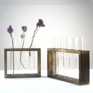 Vazen 1 Set houten frame Hydroponic Test Tube Vase Desktop Ornament Home Decor Living Room Office