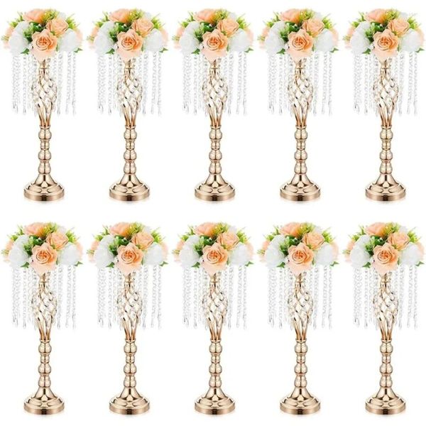 Vases 10 pièces 21,7 pouces centres de mariage en cristal d'or pour les tables avec support de lustre en métal support décorations pour la maison décor de vase