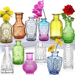 Vazen 12 stuks kleine vaas gekleurde knop mini-decoratieset vintage glazen fles voor bruiloft familie tafel geschenk aromatherapie