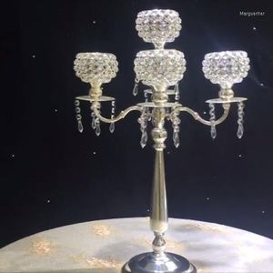 Vazen 12ps) 5 Arms Candelabra Gold Metal Crystal Candlesticks For Tealight Candles Holders Classic Wedding Party Table Centerpieces1834