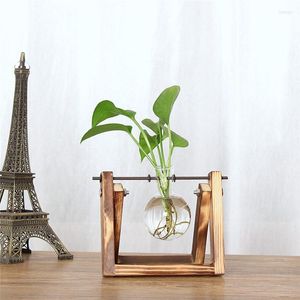 Vases 1 Pc Vase hydroponique avec support en bois maison bureau plante verte bonsaï verre Transparent pot de fleurs décoration de fleurs