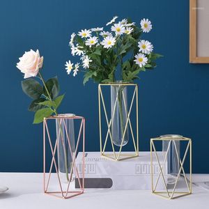 Vases 1pc moderne géométrique fer verre vase tube fleur arrangement hydroponique plante terrarium décor à la maison