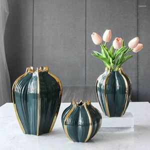 Vases 1pc Nordic Light Luxe Gilt-Borded Comptoir Citrouille Forme Céramique Vase Creative Vert / Orange Accueil Salon Décoration